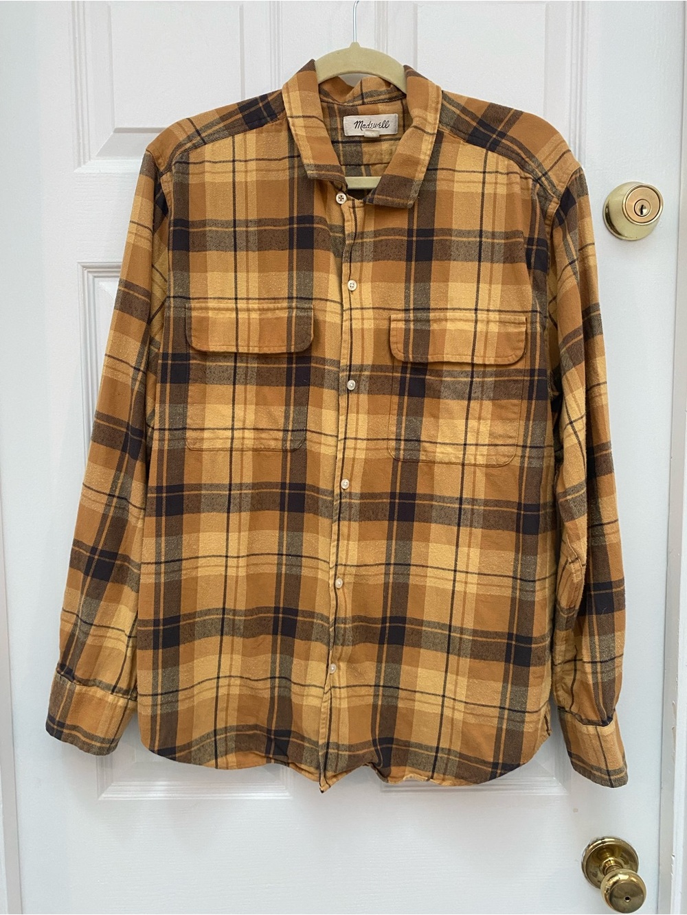 Madewell Men's Mustard Yellow & Brown Plaid Button-Down Shirt - Large